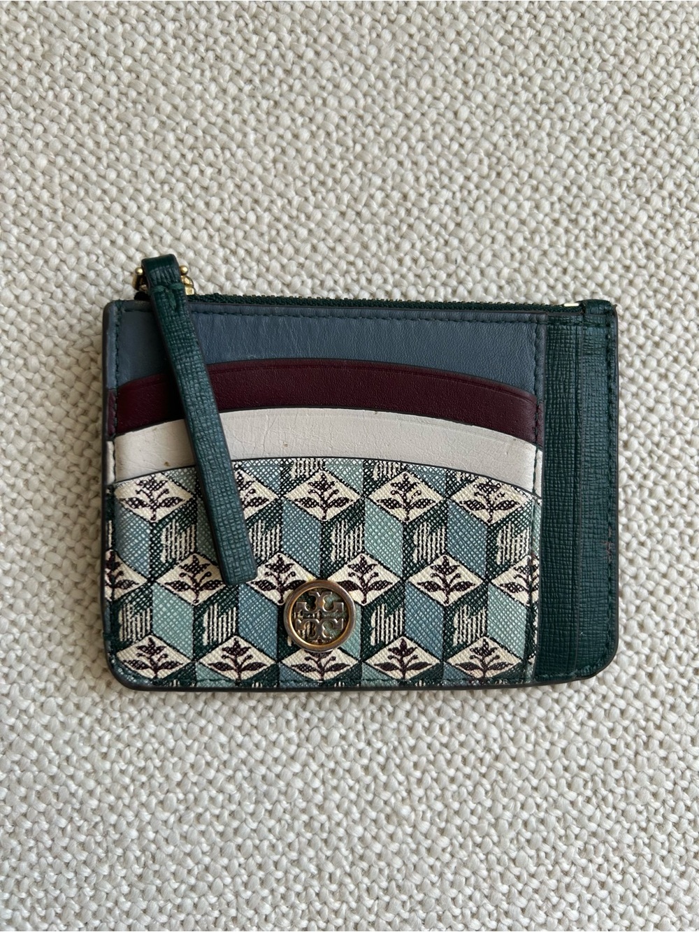 Tory Burch Robinson Card Case Slim Wallet Misty Blue Block Tulip Leather
